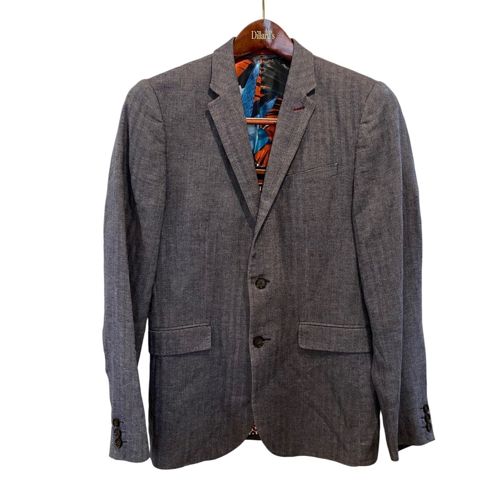 Ted Baker‎ London Mens Gray Herringbone Cotton Linen Blazer Jacket Size 3 38R